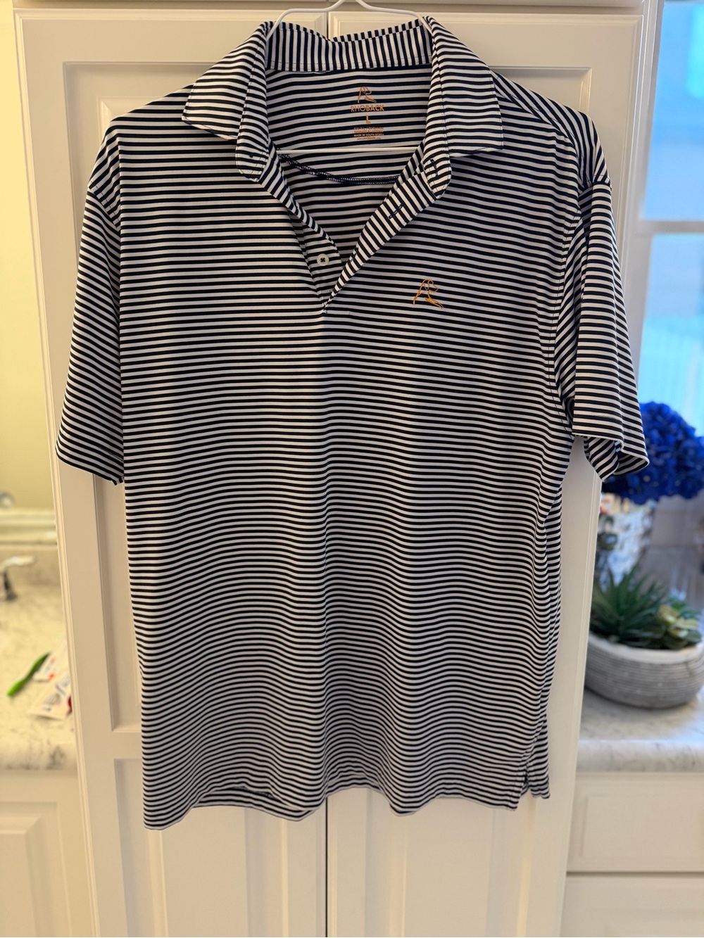 Rhoback Navy & White Striped Polo with Gold Logo
